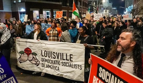 democratic socialists march in downtown Louisville on January 2026